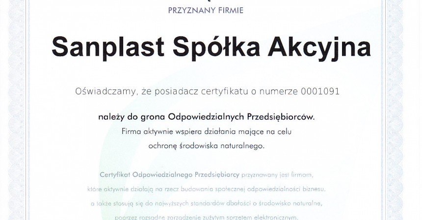Certyfikat dla firmy Sanplast S.A. Certyfikat dla firmy Sanplast S.A.