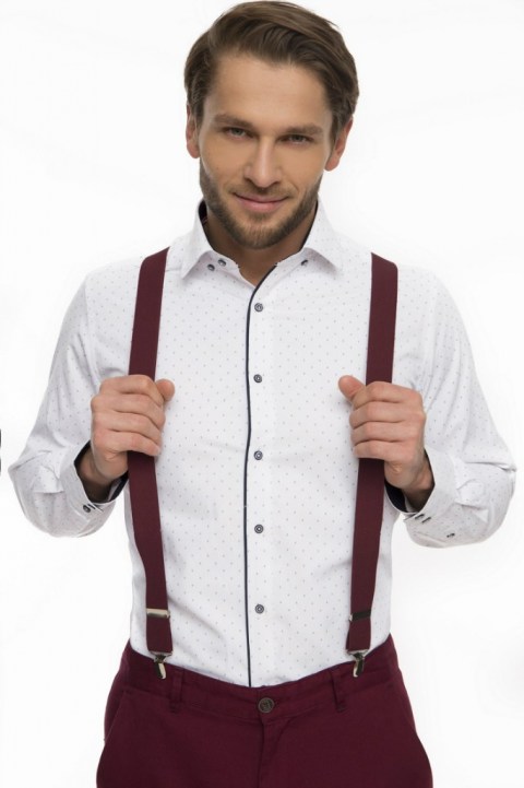 Dopasowane do spodni szelki męskie w kontrastującym z koszulą kolorze bordowym